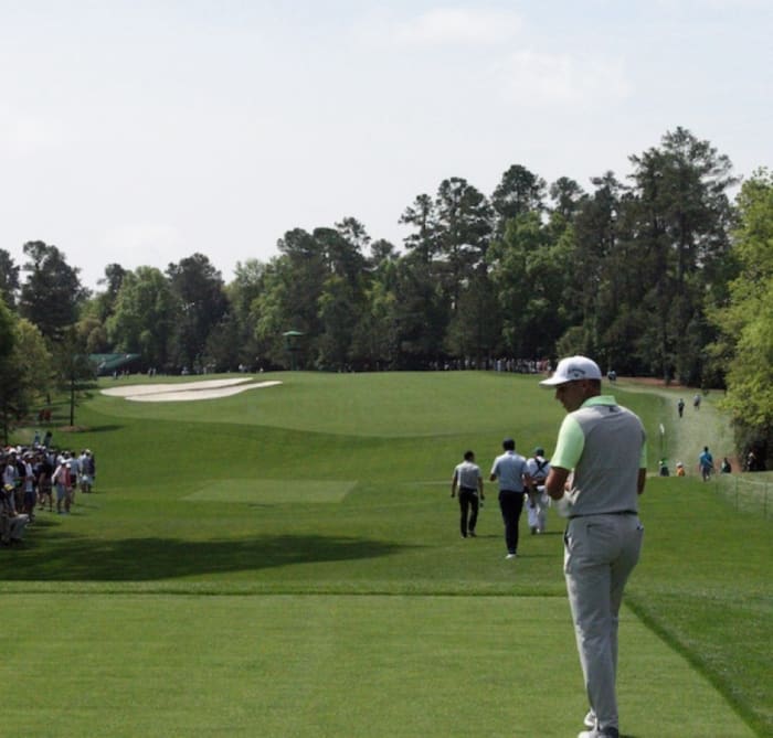 Sergio Garcia, the 2017 Masters champion, gets a look at the beefed-up fifth hole, a par 4 that has been stretched by 40 yards, to 495.
